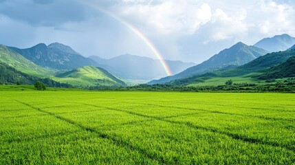 Obraz premium Vibrant rainbow over green valley, mountain landscape. Nature scene, idyllic postcard