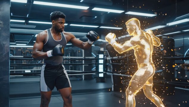 Muscular black athlete training with boxing gloves, sparring against a virtual reality opponent in a cutting edge gym, blending augmented reality with innovative fitness technology