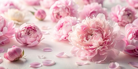 Obraz premium Delicate pink peony flowers scattered on a soft white background, with gentle petal shapes and subtle shading , soft focus, nature background