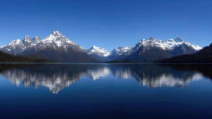 Snow-capped mountains reflected in a calm lake under a clear blue sky