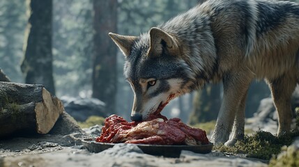 Obraz premium Wolf eating raw meat in misty forest, campfire background, wildlife documentary