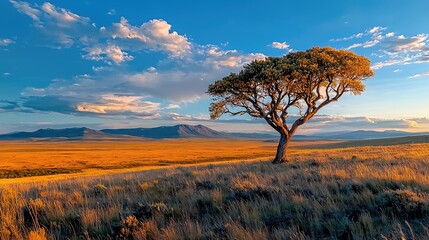 Obraz premium Lone tree sunset prairie landscape, golden hour scenic view, travel background