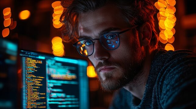 On a laptop, a programmer inputs code as a holographic AI assistant stands nearby, representing modern technology and improved productivity