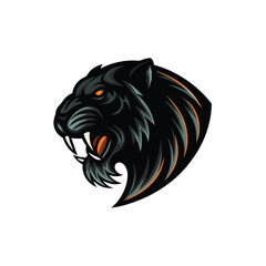 Create a dark, symbolic illustration of a saber-toothed tiger's head, emphasizing its powerful fangs and intense gaze.  Focus on dramatic lighting and deep shadows.