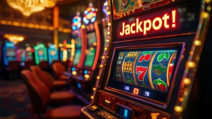 Close-up view of colorful casino chips juxtaposed with a brightly lit slot machine, where players gather to try their luck in an energetic gambling environment, day or night