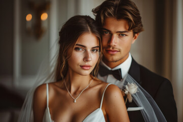 Brutal groom in tuxedo stands close to bride with elegant hair and veil during intimate wedding moment in a lavish venue