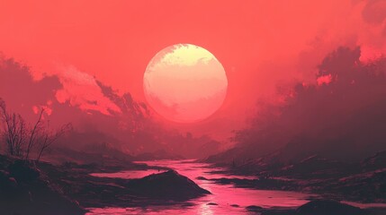 Crimson Sunset Over a Serene River Landscape
