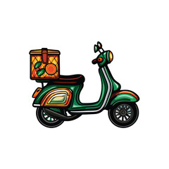 Obraz premium A vibrant image of a delivery scooter with a large, insulated food delivery bag securely fastened to the rear, emphasizing the efficient food delivery service.