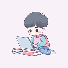 Cute boy working on laptop Cartoon Vector Icon Illustration