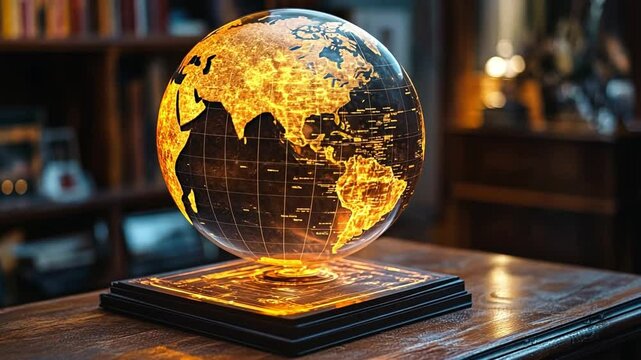 Illuminated globe with fiery design in cozy library setting during early evening