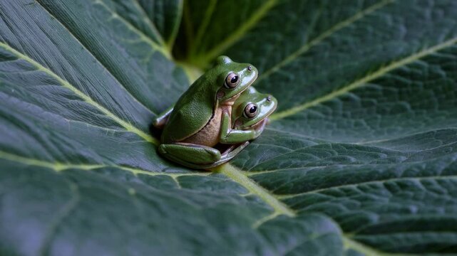 Amplexus of Two Green Tree Frogs on a Giant Leaf