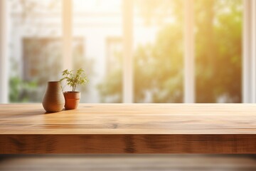 Empty wooden table with plant and vase by the window in bright sunlight, perfect for product placement