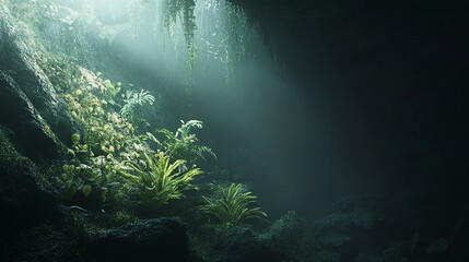 Obraz premium Sunbeam illuminates lush cave ferns, misty depths
