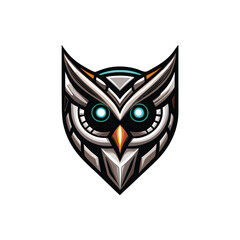 Create a stylized owl head, sharp angles, geometric facets, glowing circuitry, metallic textures, cyberpunk aesthetic.