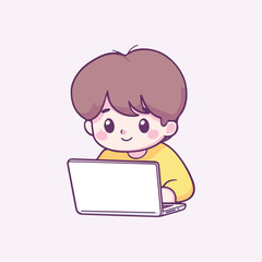 Cute boy working on laptop Cartoon Vector Icon Illustration