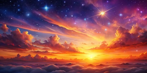 A stylized illustration of a sunset over a vast, starry sky with clouds in shades of orange