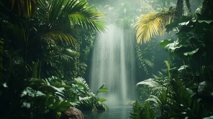 Obraz premium Lush indoor jungle waterfall mist serenity spa