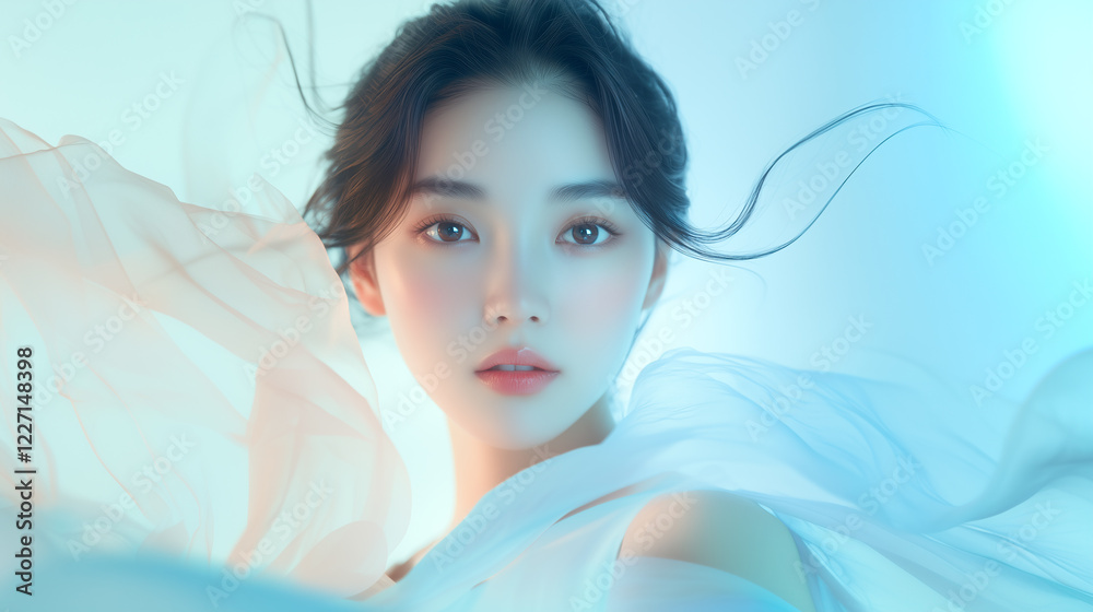 Poster 美肌の若くて綺麗なアジア人女性モデルの美容・ファッションポートレート。白い布が舞う撮影背景。