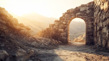 Sunset archway in mountain ruins, path leads to valley