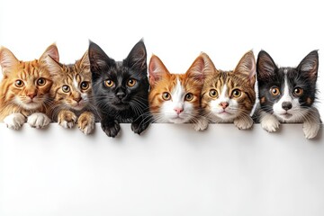 Puppies and kittens peek mischievously behind a wooden banner, with ample space for text or products. This setup is ideal for an advertising poster in a pet store or veterinary clinic