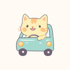 A cartoon cat is riding a car Cartoon Vector Icon Illustration