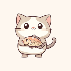 Cute cat holding a fish Cartoon Vector Icon Illustration