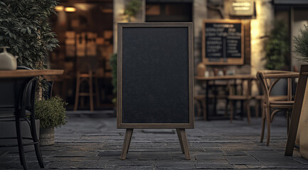 Mockup sidewalk sign, sandwich board, poster. Template black chalkboard poster, sandwich board, sidewalk sign mockup, advertising. Mockup sandwich board, sidewalk sign. Realistic style photo