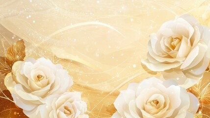 Fototapeta premium Elegant Cream Roses on Golden Abstract Background Romantic Floral Wallpaper Design