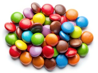 Colorful Chocolate Candy Pills, Top View, White Background - Sweet Treats Stock Photo