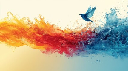 Vibrant bird flight over a swirling horizon of fire and water for abstract visual impact and emotional resonance