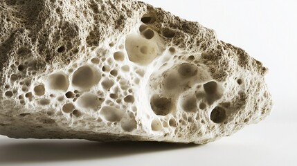 Porous stone texture closeup, studio shot, white background, geological sample