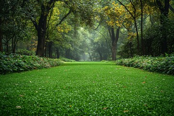 Obraz premium High quality photoA blurry background sets the stage as trees enclose a green field on a cloudy day with overcast skies