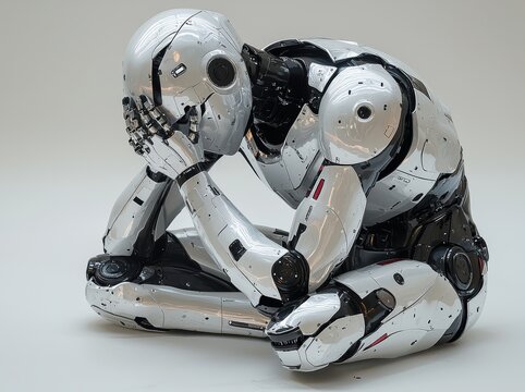 A robot making a face palm sign, resting its hand on its head. Stock technology image of an android or cyborg. 3D illustration