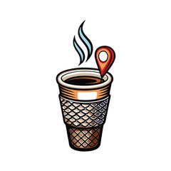 A steaming cup of coffee, condensation clinging to the mug, with a location pin subtly placed on the rim, suggesting a coffee shop or travel destination.