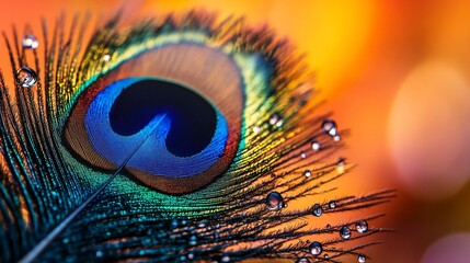 Fototapeta premium Dew-kissed peacock feather macro, bokeh background, nature photography