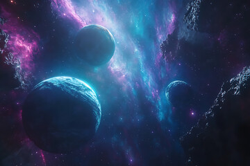 Cosmic view of three planets amidst vibrant nebula and stardust in the depths of space