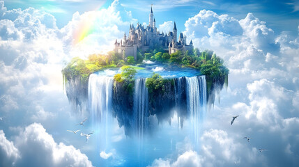 Naklejka premium An Enchanting Floating Castle Surrounded by Cascading Waterfalls and Ethereal Wonders in a Dreamlike Sky