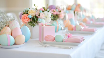 Pastel Easter table setting with eggs and flowers