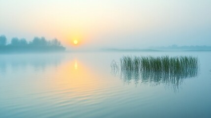 Misty sunrise river landscape, tranquil dawn scene, peaceful waters