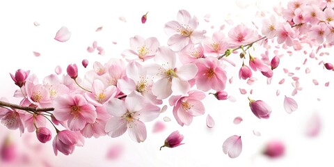Fototapeta premium Double Exposure: Pink Cherry Blossom Petals on White Background - Spring Floral Stock Photo