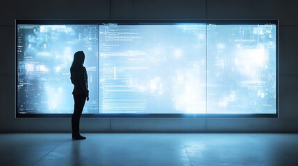 Fototapeta premium Hacker observing data streams on futuristic screen in dark server room