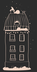 hand drawn Christmas house, black and white graphics of house, line illustrations of house with snow, stencils of winter houses, hand drawn doodle buildings, lineart Illustration