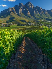 Vertical shot of Durbanville vineyards and Table Mountain in the background on a clear summer afternoon, Cape Town, South Africa