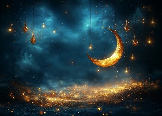 Naklejka premium Crescent Moon Amidst Hanging Lanterns Against Sparkling Blue Night Sky