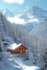 Beautiful winter mountain landscape with a snowcapped wooden hut