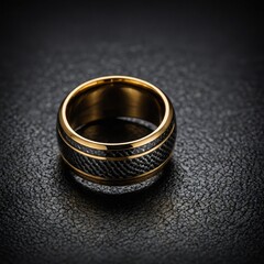 A contemporary gold ring with a carbon fiber inlay on a high-contrast black and white background.