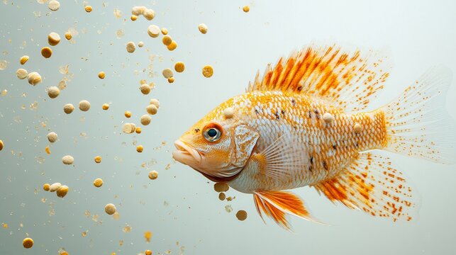 Orange fish eating pellets in aquarium, underwater