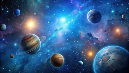 Deep space abstract background with dark blue gradient and blurred stars, planets and galaxies, celestial bodies