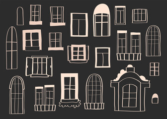 Vintage Window Set, Church Stained Glass, Loft Windows, Linear Window Prints, Christmas windows, window contour illustrations