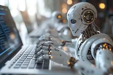 Fototapeta premium In a blue-toned scene, a chat bot and robo advisor work with stock information, highlighted by a robot finger pressing a laptop button, symbolizing advanced automation